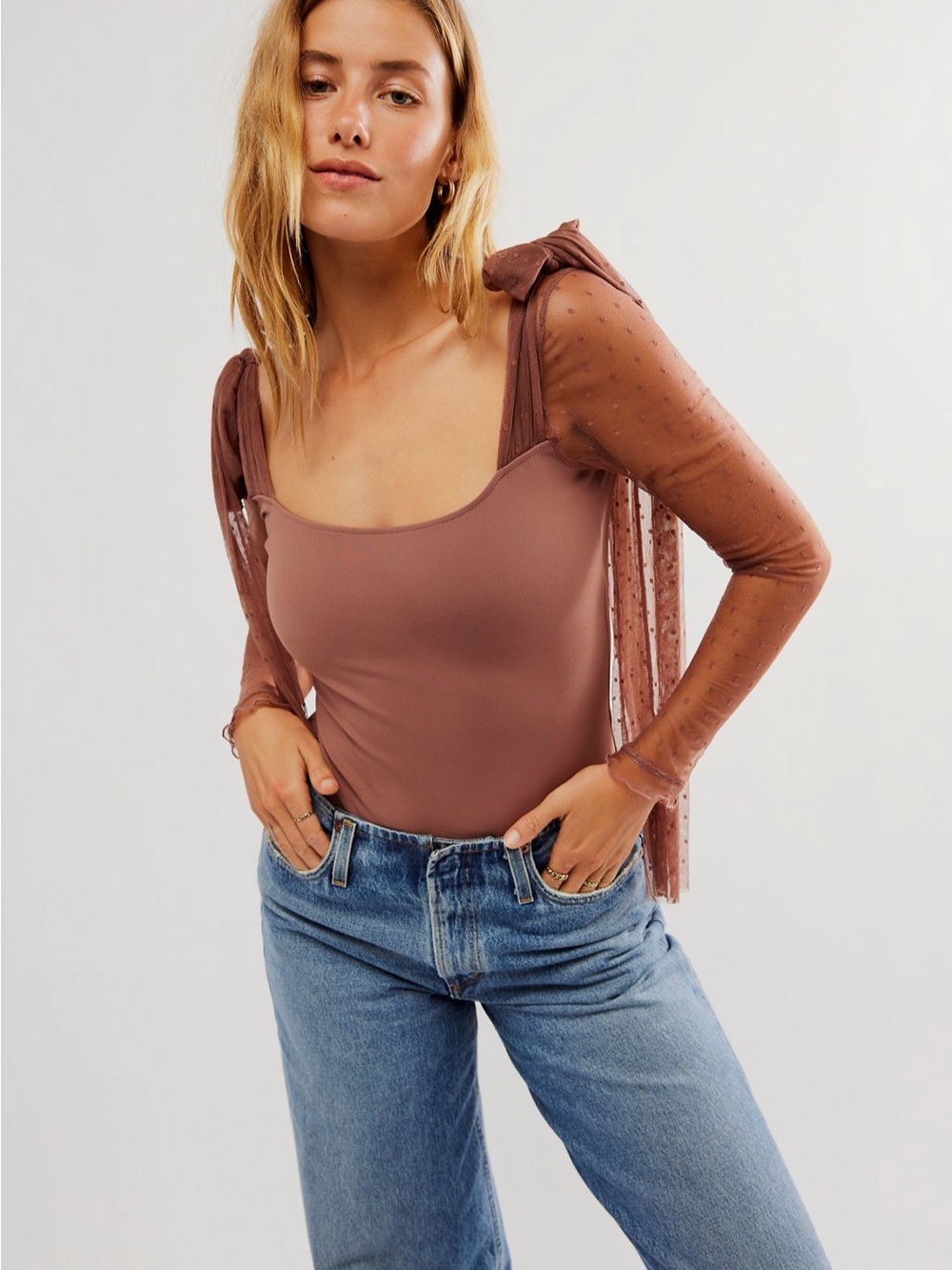 Free People Mauve Tie-Shoulder Mesh Sleeve Square Neck Bodysuit